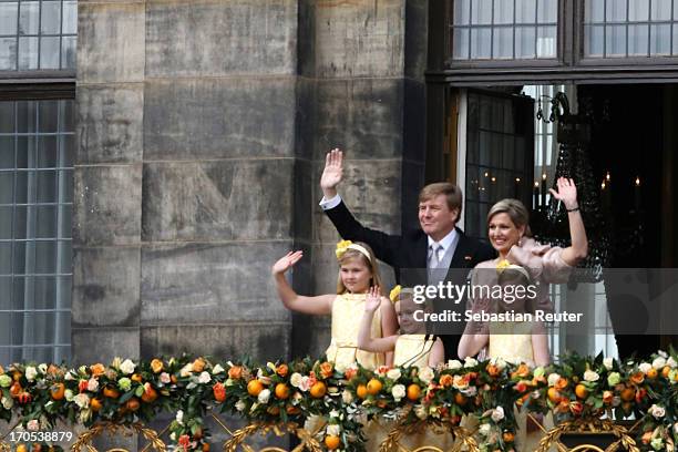 King Willem Alexander, Queen Maxima and their daughters Princess Catharina Amalia, Princess Ariane and Princess Alexia of the Netherlands appear on...