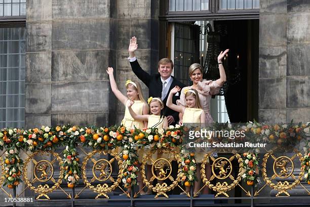 King Willem Alexander, Queen Maxima and their daughters Princess Catharina Amalia, Princess Ariane and Princess Alexia of the Netherlands appear on...
