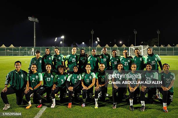 Players of Saudi women's football team attend a training session in Taif on September 21, 2023. The Saudi women's national team ran through a...