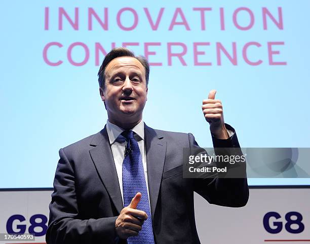 Prime Minister David Cameron speaks during the G8 Innovation Conference, attended by 300 leading international entrepreneurs, researchers,...