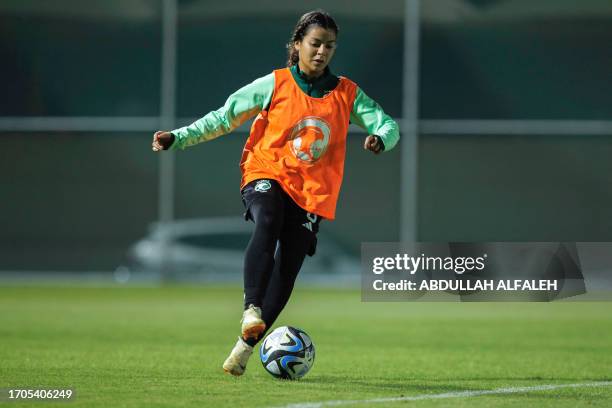 Player of Saudi women's football team attends a training session in Taif on September 21, 2023. The Saudi women's national team ran through a...