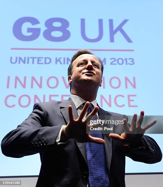 Prime Minister David Cameron speaks during the G8 Innovation Conference, attended by 300 leading international entrepreneurs, researchers,...