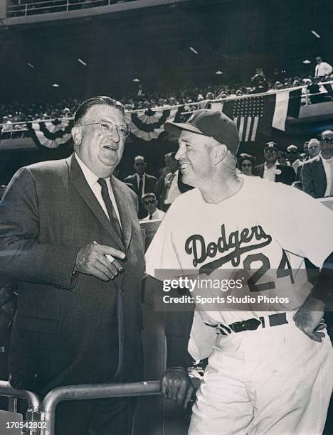 Brooklyn Dodgers owner Walter O'Malley and Brooklyn Dodgers manager Walter Alston at Ebbets Field on opening day, June 19, 1952.