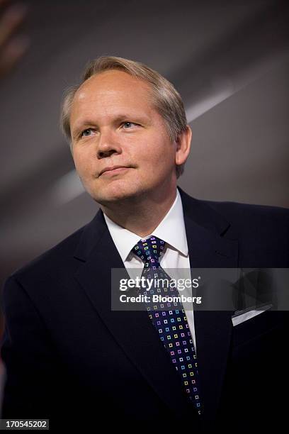 Jan-Patrick Schmitz, president and chief executive officer of Montblanc North America, pauses during a Bloomberg Television interview in New York,...
