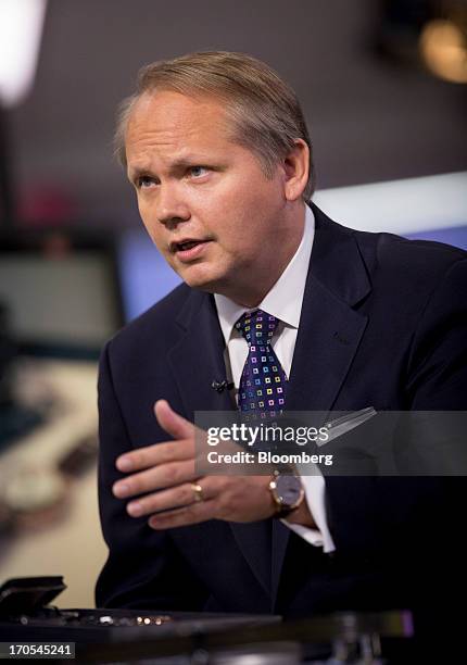 Jan-Patrick Schmitz, president and chief executive officer of Montblanc North America, speaks during a Bloomberg Television interview in New York,...