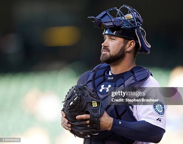 Kelly Shoppach of the Seattle Mariners is pictured before a game against the Houston Astros at Safeco Field on June 11, 2013 in Seattle, Washington....
