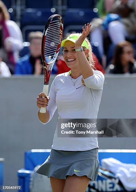 Donna Vekic of Croatia celebrates winning her match against Sorana Cirstea of Romania in their Quarter Final match during the AEGON Classic Tennis...