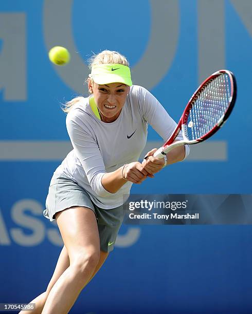 Donna Vekic of Croatia returns a shot against Sorana Cirstea of Romania in their Quarter Final match during the AEGON Classic Tennis Tournament at...