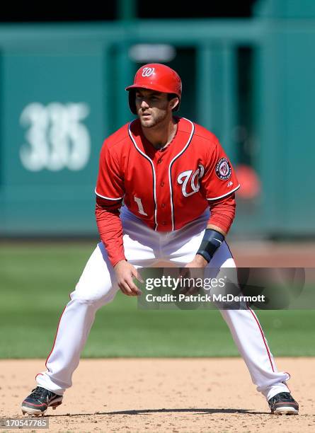 Stephen Lombardozzi of the Washington Nationals in action during a game against the Philadelphia Phillies at Nationals Park on May 26, 2013 in...