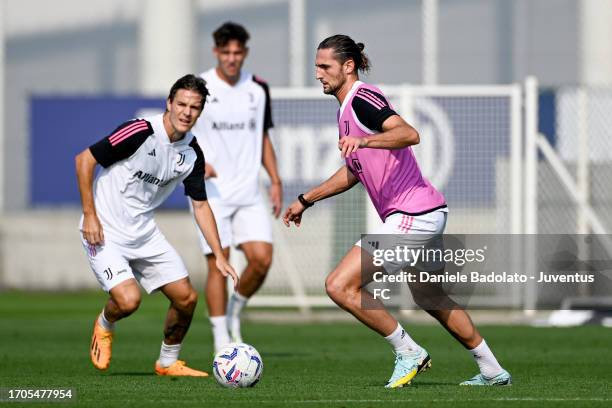 Adrien Rabiot of Juventus during a training session at JTC on October 4, 2023 in Turin, Italy.