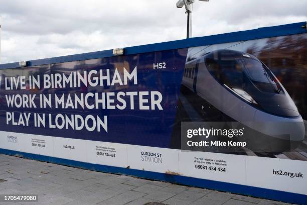 Hoardings surrounding the construction site for the HS2 mainline station at Curzon Street on 4th October 2023 in Birmingham, United Kingdom. On this...