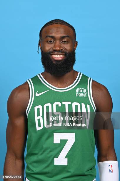 Jaylen Brown of the Boston Celtics poses for a head shot during 2023-24 NBA Media Day on October 2, 2023 at the TD Garden in Boston, Massachusetts....