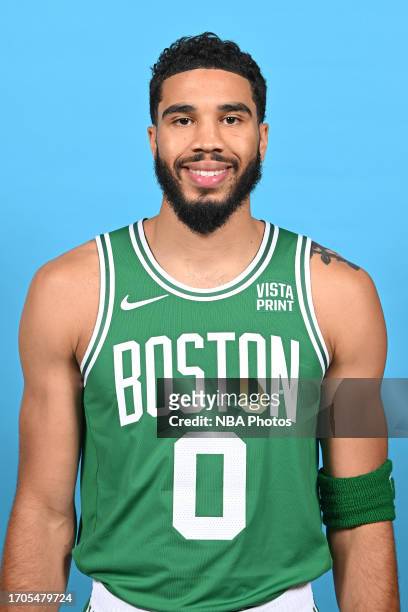 Jayson Tatum of the Boston Celtics poses for a head shot during 2023-24 NBA Media Day on October 2, 2023 at the TD Garden in Boston, Massachusetts....