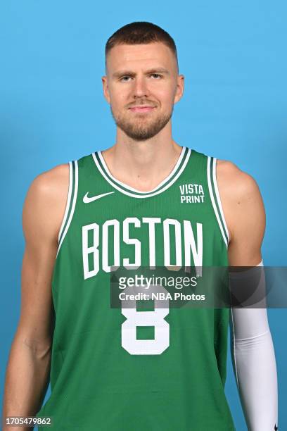 Kristaps Porzingis of the Boston Celtics poses for a head shot during 2023-24 NBA Media Day on October 2, 2023 at the TD Garden in Boston,...