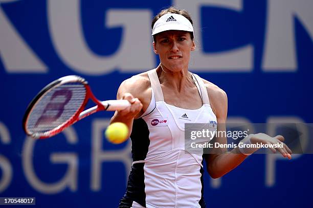 Andrea Petkovic of Germany plays a forehand in her semifinal match against Jelena Jankovic of Serbia during day seven of the Nuernberger Insurance...