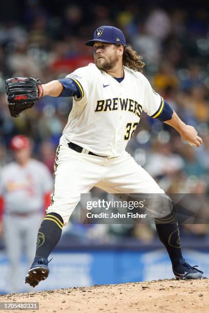 Andrew Chafin of the Milwaukee Brewers throws a pitch against the St. Louis Cardinals at American Family Field on September 27, 2023 in Milwaukee,...