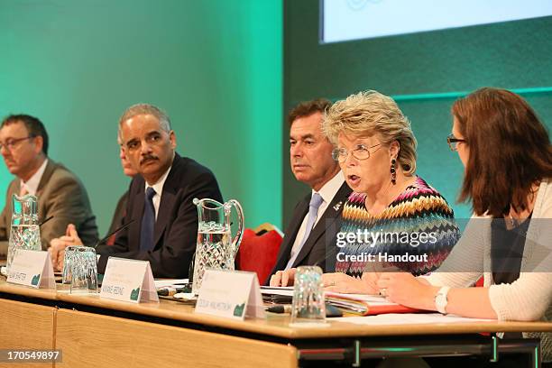 In this handout photo provided by Department of The Taoiseach, Viviane Reding , European Commissioner for Justice, Fundamental Rights and Citizenship...