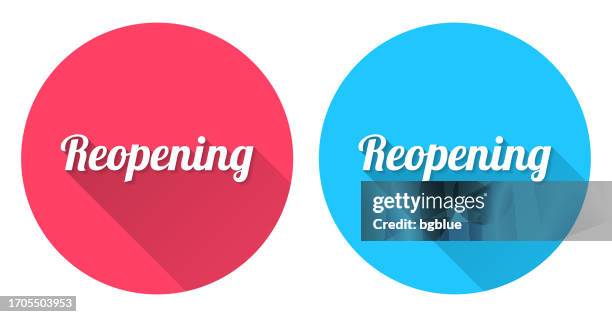 stockillustraties, clipart, cartoons en iconen met reopening. round icon with long shadow on red or blue background - reopening ceremony