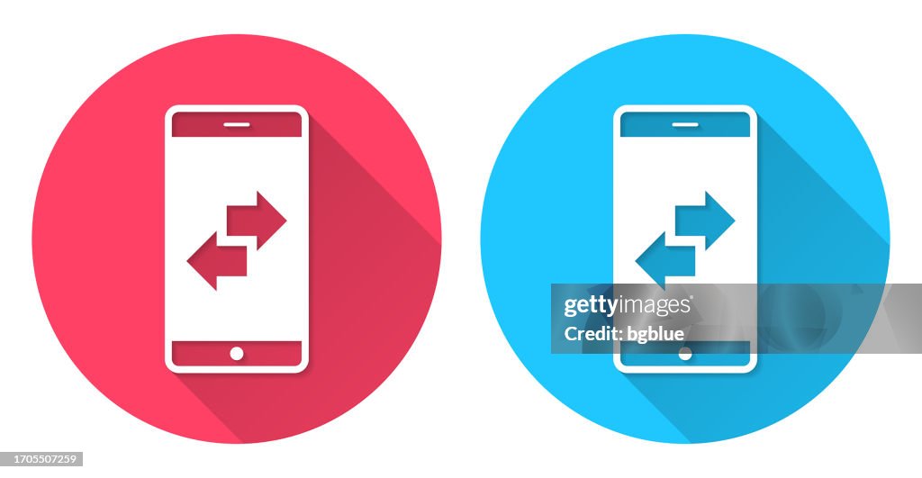 Transfer with smartphone. Round icon with long shadow on red or blue background