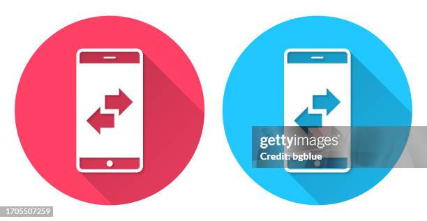 transfer with smartphone. round icon with long shadow on red or blue background - transfer image stock illustrations