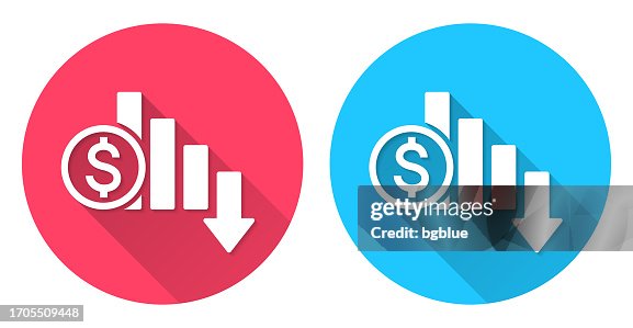 Dollar rate decrease. Round icon with long shadow on red or blue background Dollar rate decrease. Round icon with long shadow on red or blue background