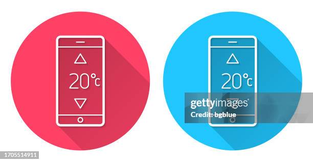 illustrations, cliparts, dessins animés et icônes de smartphone avec contrôle du chauffage. icône ronde avec une longue ombre sur fond rouge ou bleu - celsius