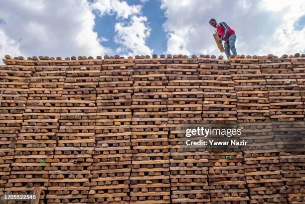 Kashmiri man count willow clefts used to make cricket bats in a bat factory on October 3, 2023 in Halmullah, 50 km, south of Srinagar, Indian...