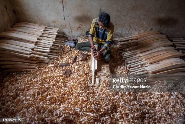 Carpenter gives makes cricket bats in a bat factory on October 3, 2023 in Halmullah, 50 km, south of Srinagar, Indian administered Kashmir, India....