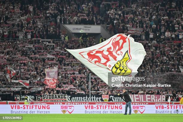 Fans of VfB Stuttgart are seen during the Bundesliga match between VfB Stuttgart and SV Darmstadt 98 at MHPArena on September 22, 2023 in Stuttgart,...