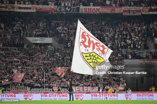 Fans of VfB Stuttgart are seen during the Bundesliga match between VfB Stuttgart and SV Darmstadt 98 at MHPArena on September 22, 2023 in Stuttgart,...