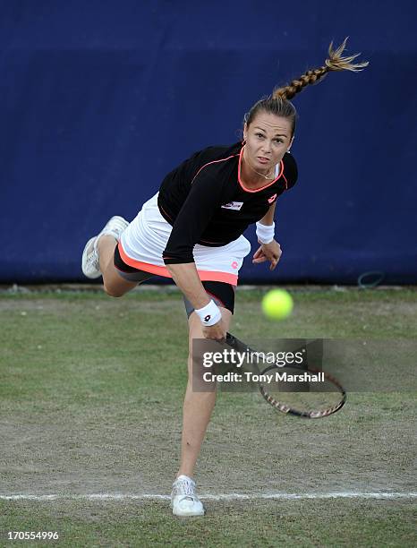 Magdalena Rybarikova of Slovakia serves in her Quarter Final match against Madison Keys of USA during the AEGON Classic Tennis Tournament at...