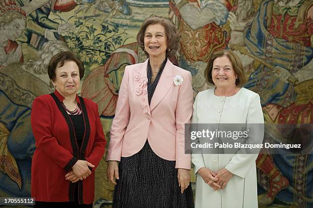 Queen Sofia of Spain receives Nobel Peace Laureates Shirin Ebadi and Mairead Maguire at Zarzuela Palace on June 14, 2013 in Madrid, Spain.