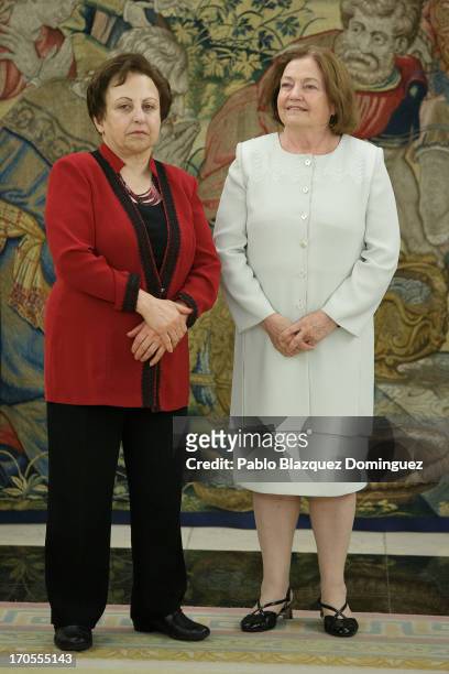 Nobel Peace Laureates Shirin Ebadi and Mairead Maguire attend an audience with Queen Sofia of Spain at Zarzuela Palace on June 14, 2013 in Madrid,...