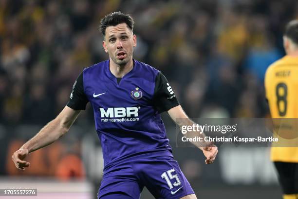 Marcel Baer of FC Erzgebirge Aue celebrates after scoring his team’s first goal during the 3. Liga match between Dynamo Dresden and Erzgebirge Aue at...