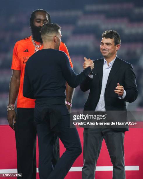 Houston Dynamo owner Ted Segal shakes hands with Head Coach Ben Olsen of the Houston Dynamo after the Dynamo defeated Inter Miami 2-1 in the 2023...