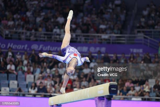 Zuo Tong of Team China competes on the Balance Beam in the Artistic Gymnastics - Women's All-Around Final on day four of the 19th Asian Games at...