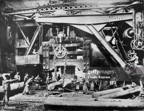 View inside the Krupp Metal Works, known for its steel manufacturing and armament production, in Essen, Germany, 1861.