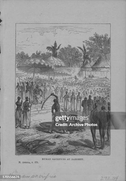 Engraving showing human sacrifice in Dahomey, present day Republic of Benin, in Africa, 1877. Original sketch by Marcus Ward.