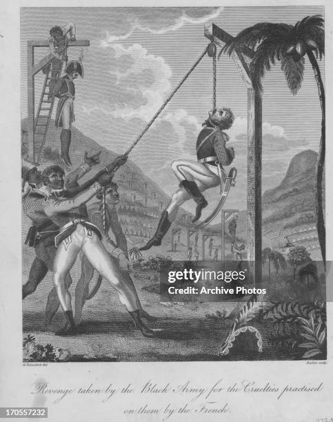 Engraving showing the Revenge of the Black Army, led by former slave Toussaint L'ouverture, for the cruelties practiced on them by the French during...