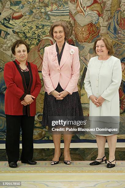 Queen Sofia of Spain receives Nobel Peace Laureates Shirin Ebadi and Mairead Maguire at Zarzuela Palace on June 14, 2013 in Madrid, Spain.