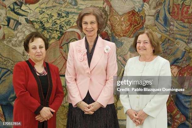 Queen Sofia of Spain receives Nobel Peace Laureates Shirin Ebadi and Mairead Maguire at Zarzuela Palace on June 14, 2013 in Madrid, Spain.