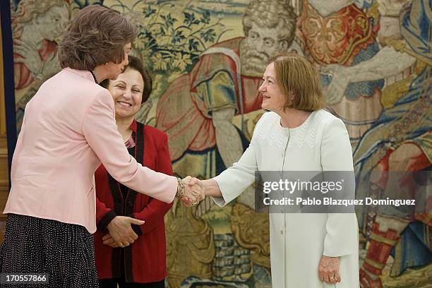 Queen Sofia of Spain receives Nobel Peace Laureates Shirin Ebadi and Mairead Maguire at Zarzuela Palace on June 14, 2013 in Madrid, Spain.