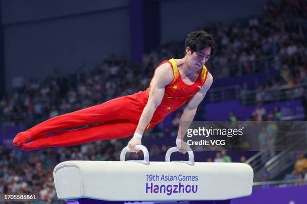 Zhang Boheng of Team China competes on the Pommel Horse in the Artistic Gymnastics - Men's All-Around Final on day three of the 19th Asian Games at...