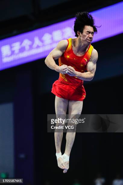 Zhang Boheng of Team China competes in the Artistic Gymnastics - Men's All-Around Final on day three of the 19th Asian Games at Huanglong Sports...