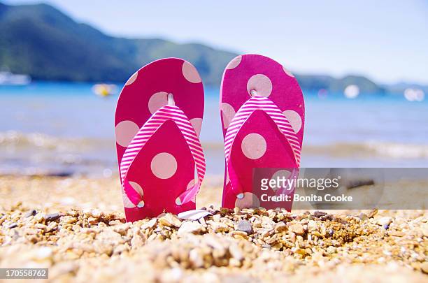 jandals, or flip flops in sand at a beach - jandals foto e immagini stock