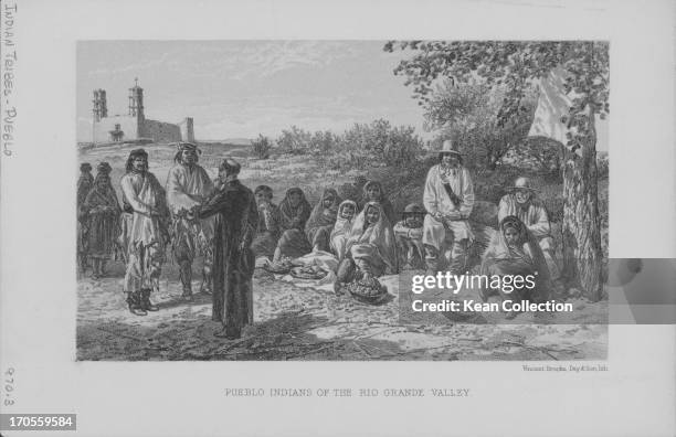 Engraving of a gathering of Pueblo Indians selling their wares, Rio Grande Valley, Texas.
