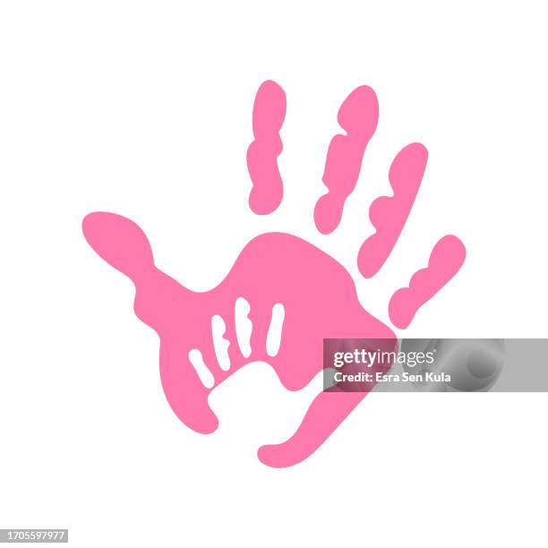 ilustraciones, imágenes clip art, dibujos animados e iconos de stock de huella de mano vectorial rosa con otra forma de mano en el medio. - escuela preescolar