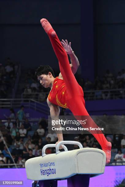 Lan Xingyu of Team China competes on the Pommel Horse in the Artistic Gymnastics - Men's All-Around Final on day three of the 19th Asian Games at...