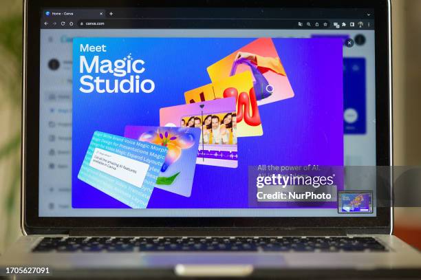 Canva &quot;Magic Studio&quot; presentation banner displayed on a personal computer is seen in L'Aquila, Italy, on October 4th, 2023. On October 4th...