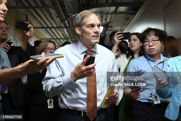 Representative Jim Jordan speaks to members of the media at the US Capitol in Washington, DC, on October 4, 2023. Lawmakers screamed and bickered in...